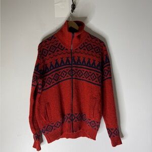 Vintage LL Bean Full Zip Mock Neck Wool Cardigan Red Blue Aztec Print Large